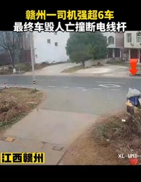 赣州一司机强超6车 最终撞断电线杆车毁人亡